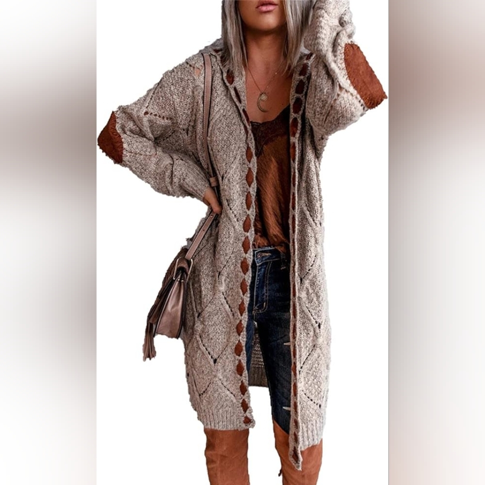 Long Chunky Knit Elbow Patch Cardigan